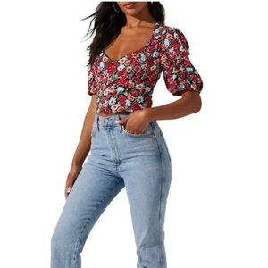 NWOT ASTR the Label V-Neck Bubble Sleeve Floral Crop Top Blouse, size XS
